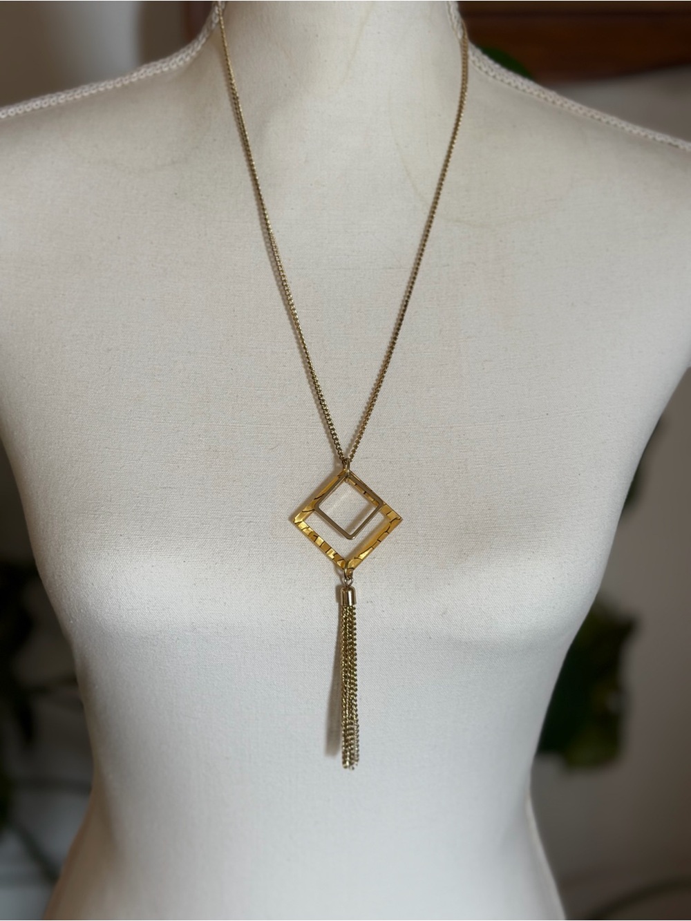 Vintage Gold Square Lucite Pendant Tassel Necklace